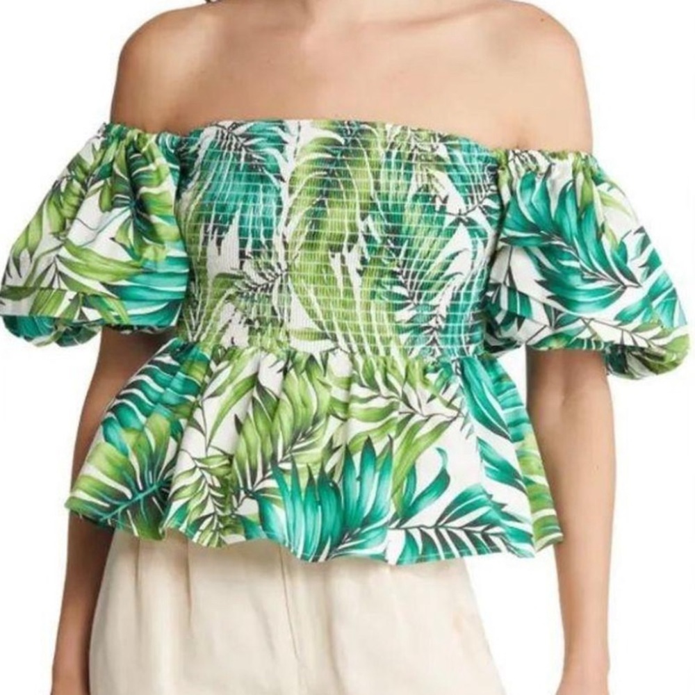 Autumn Adeigbo Marise Off the Shoulder Top in Green Palm Print Women’s Size 6